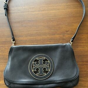 Tory Burch Black Leather Shoulder Bag with Gold Logo